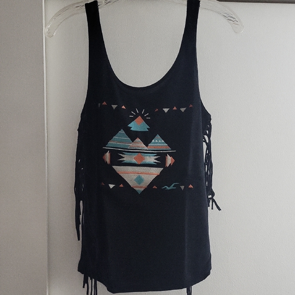 Hollister Black Tank Top with Embroided Print and Fringe